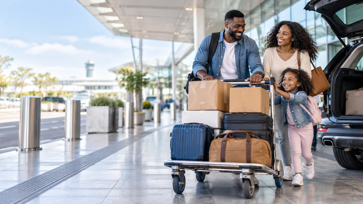 Smiling parents and child with parcels and luggage on a cart outside an airport
