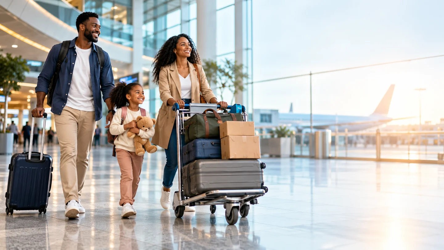 Smiling family traveling with parcels and luggage on a cart